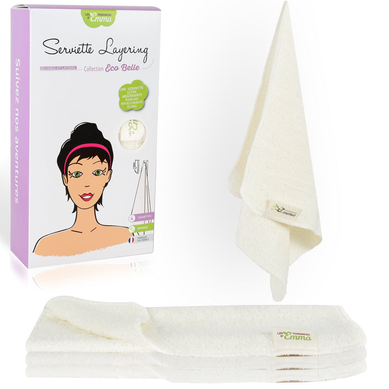 Ensemble de 4 serviettes visage ultra absorbantes pour peaux sensibles, présenté avec emballage écologique et design moderne.