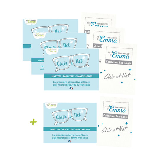 Lot de 4 nettoyants lunettes écologiques Clair et Net, idéal pour lunettes, tablettes et écrans sans traces, avec 3 + 1 offert. Entrepris locale, responsable, solidaire made in France
