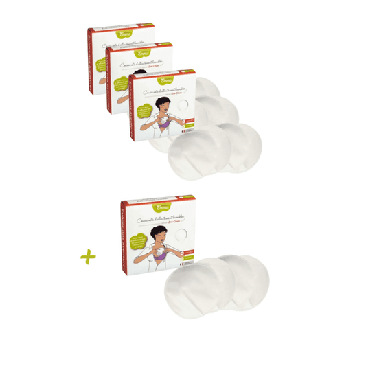 Lot de 4 coussinets d'allaitement lavables, 3 achetés et 1 offert, idéal pour allaiter confortablement. Accessoire bébé pratique et réutilisable.