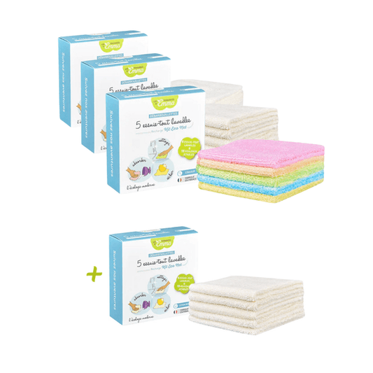 Lot de 4 recharges de 5 essuie tout lavable et réutilisable, ultra absorbants, en différentes couleurs pastel, pour une cuisine zéro déchet.