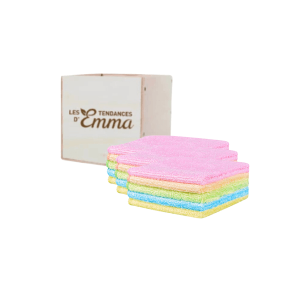Kit essuie-tout lavable super compact avec lingettes colorées en rose, jaune et bleu, idéal pour remplacer l'essuie-tout jetable dans la cuisine. Entreprise locale, responsable, solidaire made in France