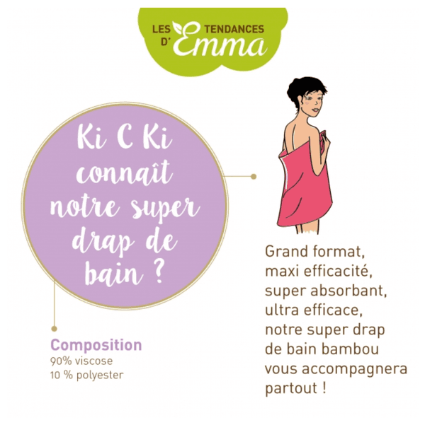 Illustration promotionnelle du drap de bain ultra absorbant en bambou, fabriqué en France, avec détails sur la composition et les avantages. Entreprise locale, responsable, solidaire fabriqué en France