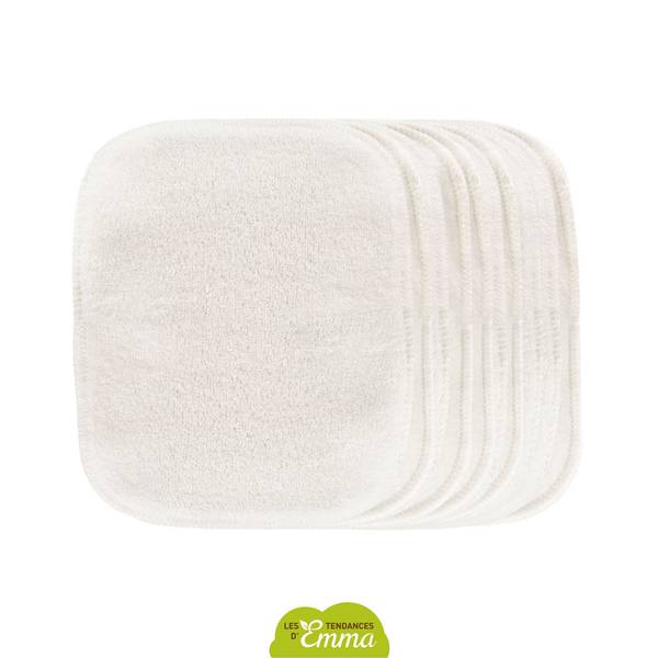 Lot de 7 carrés démaquillants lavables en coton blanc, doux et réutilisables, inclus dans le Kit Eco Belle Mini pour une salle de bain écologique.