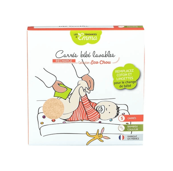 Boîte de 5 lingettes lavables bio pour bébé, collection Eco Chou, fabriquées en France par Les Tendances d'Emma.