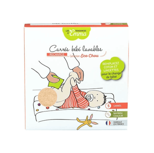 Boîte de 5 lingettes lavables bio pour bébé, collection Eco Chou, fabriquées en France par Les Tendances d'Emma.