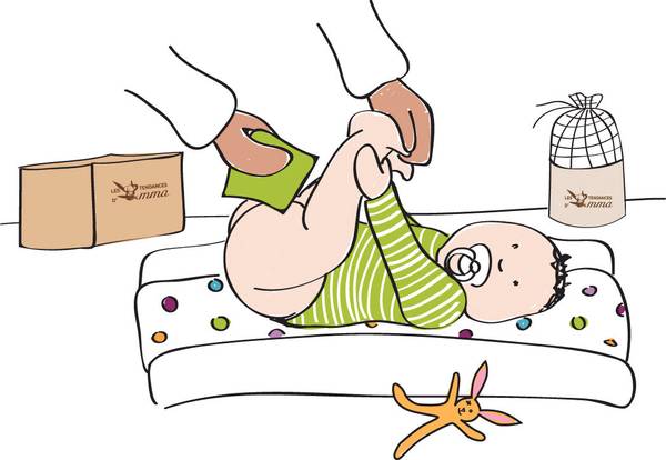 Illustration d'un bébé sur une table à langer avec des lingettes lavables du Kit Eco Test Bébé, parfait pour un test produits bébé gratuits.