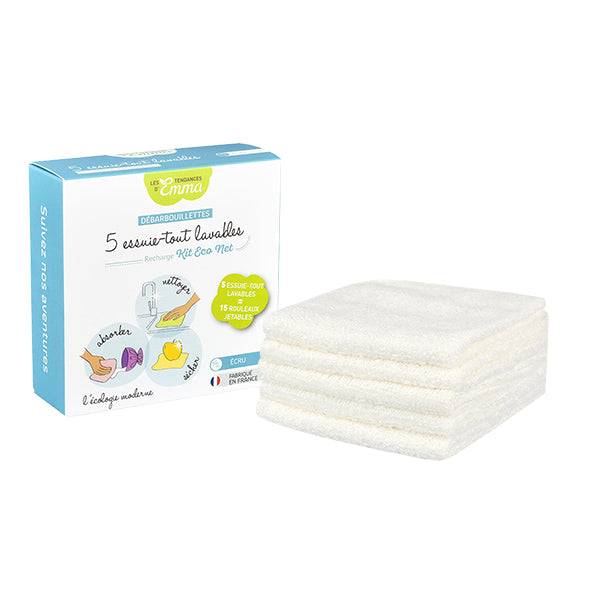 Pack de 5 essuie-tout lavables blancs avec boîte illustrée, idéal pour réduire les déchets et économiser en cuisine. Entreprise locale, responsable, solidaire fabriqué en France