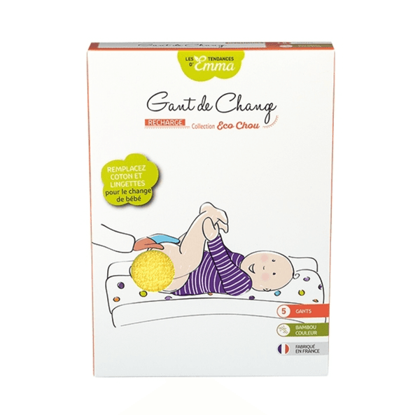 Boîte de recharge contenant 5 gants lingettes lavables bébé, collection Eco Chou, fabriqués en France pour un change écologique.
