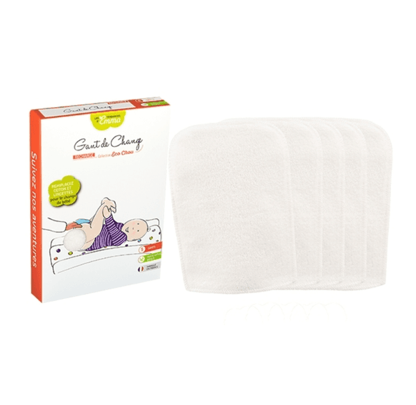 Coffret de 5 gants lingettes lavables bébé en tissu doux, idéal pour un change zéro déchet. Pratique et économique pour les parents.