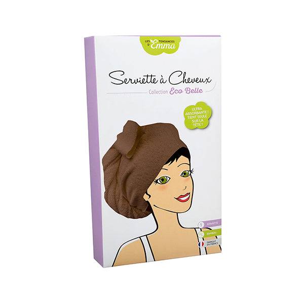 Boîte de la serviette à cheveux ultra absorbante Les Tendances d'Emma, couleur marron, alliée beauté pour tout type de cheveux.