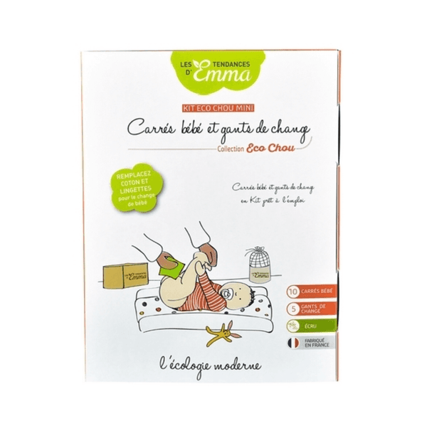 Boîte du Kit Eco Chou Mini, contenant des carrés bébé et gants de change réutilisables, parfait pour un cadeau de naissance original.