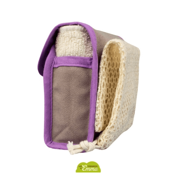 Pochette de voyage violette avec bordures en tissu et filet de lavage en coton inclus dans le Kit Eco Belle Mini pour un usage écologique. Vacance eco responsables. 