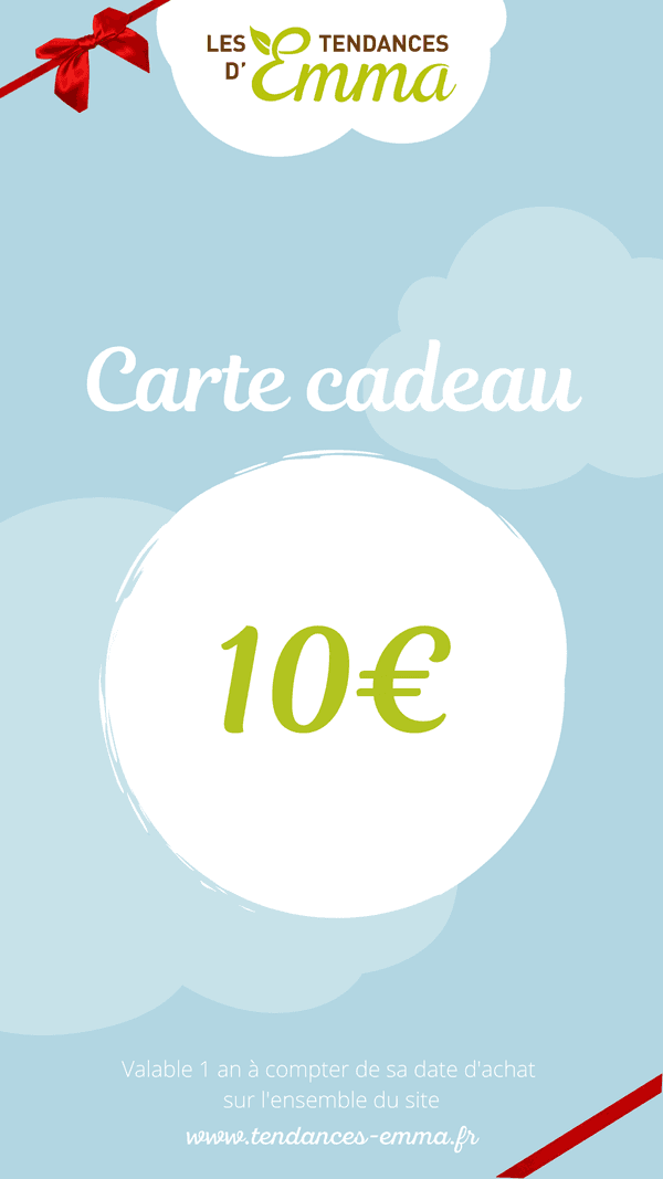 Carte cadeau de 10€ des Tendances d'Emma, cadeau zéro déchet et éthique, valable un an pour des accessoires et idées cadeaux. Entreprise locale, responsable, solidaire fabriqué en France