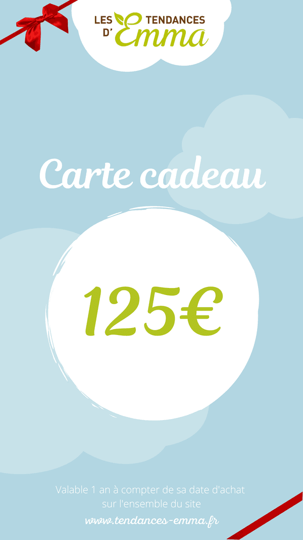 Carte cadeau de 125€ des Tendances d'Emma, parfaite pour un cadeau zéro déchet et éthique, utilisable sur des accessoires et idées cadeaux.