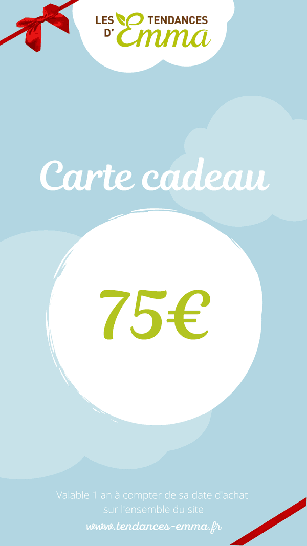 Carte cadeau de 75€ des Tendances d'Emma, cadeau personnalisé et éthique, parfait pour des accessoires zéro déchet.