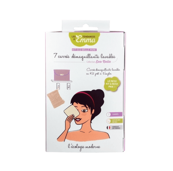 Emballage du Kit Eco Belle Mini avec illustration et description des 7 cotons lavables pour une routine beauté zéro déchet en voyage zero dechet