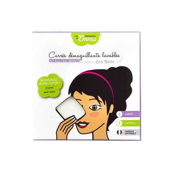Boîte du Kit Eco test beauté avec illustration et détails sur les 3 matières des cotons lavables. Test coton lavable gratuit, made in France.