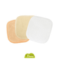 Trois cotons lavables en matières différentes, beige, blanc et orange, pour tester avant d'acheter. Made in France, fabrication responsable.