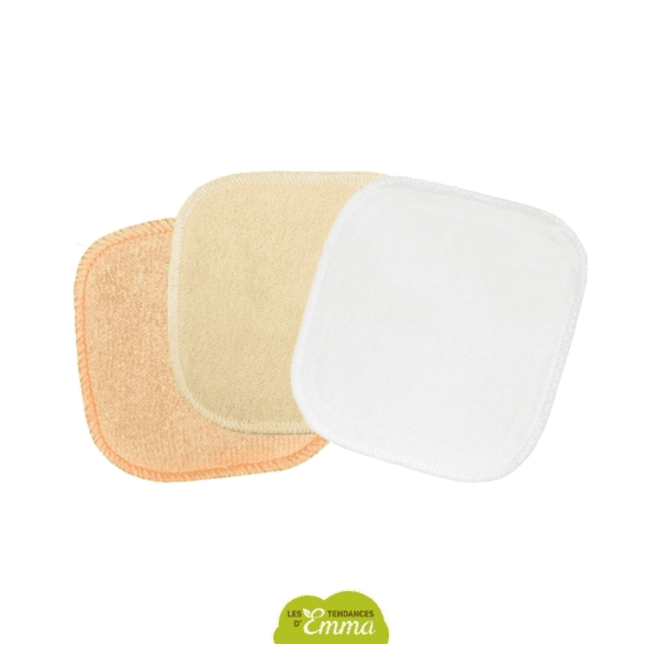 Trois cotons lavables en matières différentes, beige, blanc et orange, pour tester avant d'acheter. Made in France, fabrication responsable.