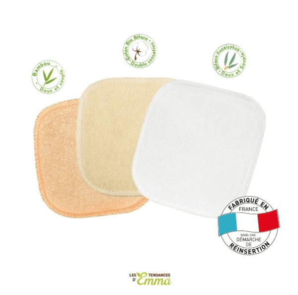 Trois cotons lavables en matières variées avec labels écoresponsables et mention Fabriqué en France. Test coton lavable gratuit.