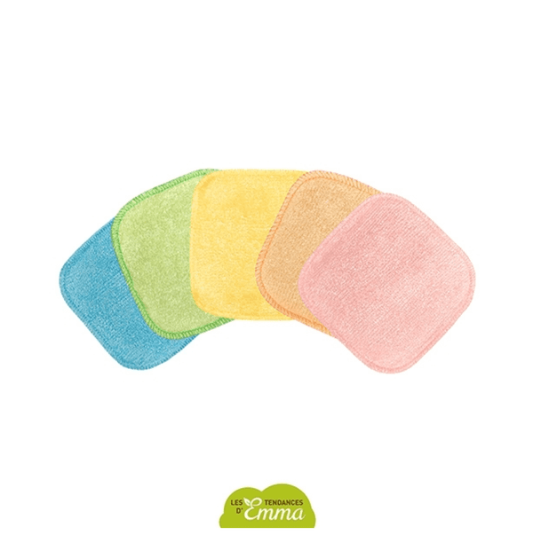 Ensemble de 5 lingettes lavables bio pour bébé en bambou, colorées en bleu, vert, jaune, orange et rose, fabriquées en France.