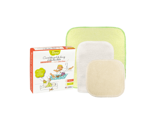 Kit Eco Test Bébé avec lingettes lavables en coton, bambou et eucalyptus, idéal pour tester avant de remplacer les lingettes jetables.