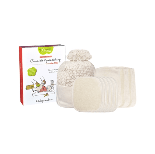 Kit Eco Chou Mini avec lingettes lavables et sac de rangement en coton, idéal comme cadeau de naissance écologique pour bébé.