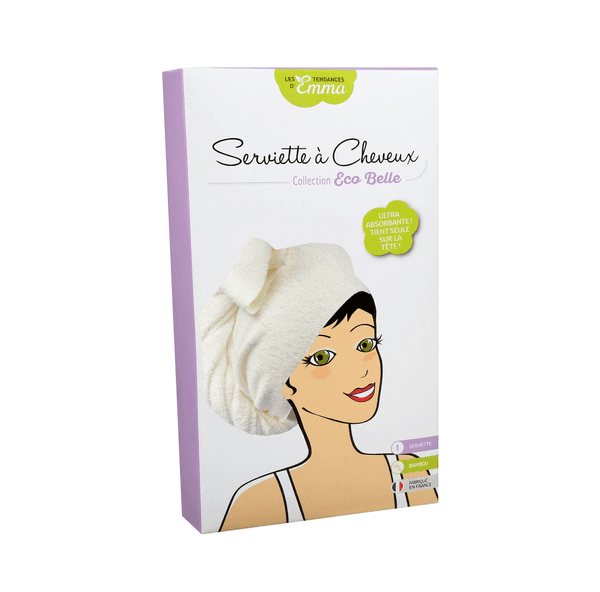 Boîte de la serviette à cheveux ultra absorbante Les Tendances d'Emma, couleur écru, pour prendre soin de ses cheveux après la douche.