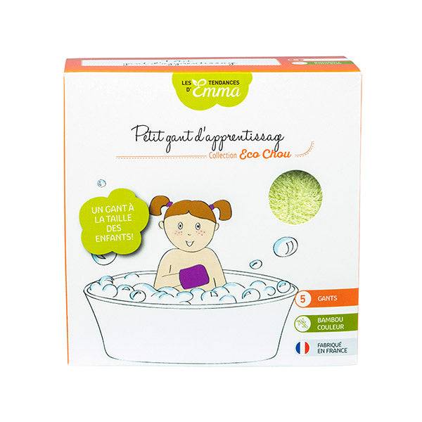 Boîte de gants de toilette pour enfants, collection Eco Chou, avec illustration d'un enfant dans une baignoire. Gants adaptés pour favoriser l'autonomie.