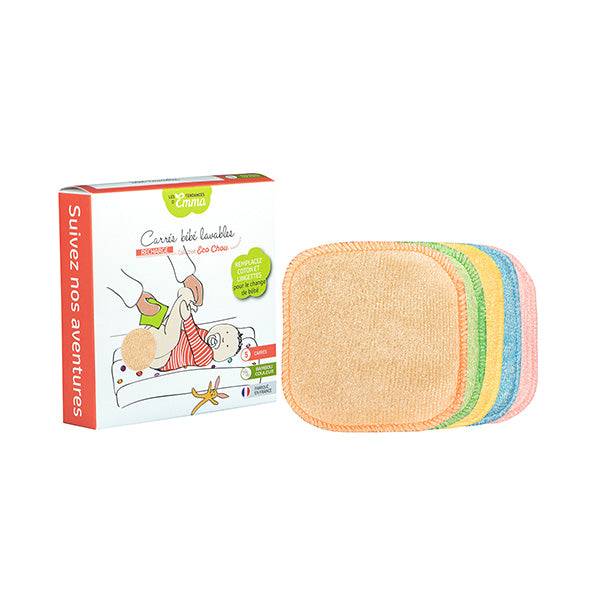 Lot de 5 lingettes lavables bio pour bébé en différentes couleurs pastel, avec emballage Eco Chou de Les Tendances d'Emma.