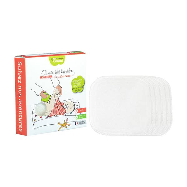 Boîte et lot de 5 lingettes lavables bio blanches pour bébé, collection Eco Chou, fabriquées en France par Les Tendances d'Emma.