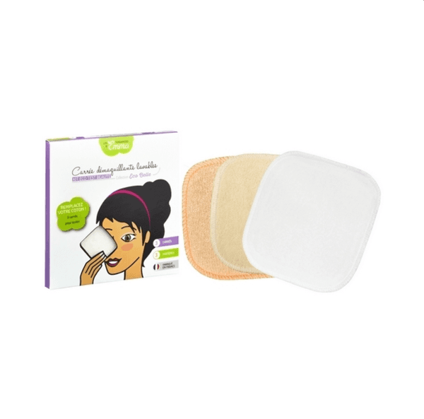 Kit Eco test beauté avec 3 cotons lavables en matières variées, présenté dans un emballage illustré. Test coton lavable gratuit.