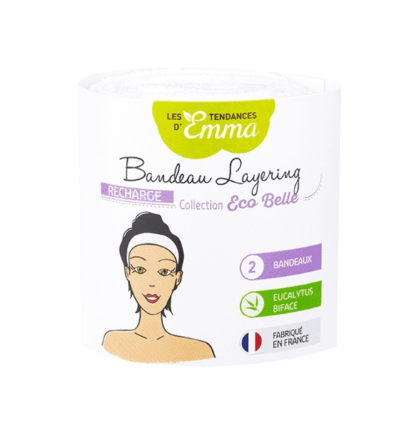 Emballage de 2 bandeaux de démaquillage recharge Eco Belle, en eucalyptus biface, fabriqués en France.
