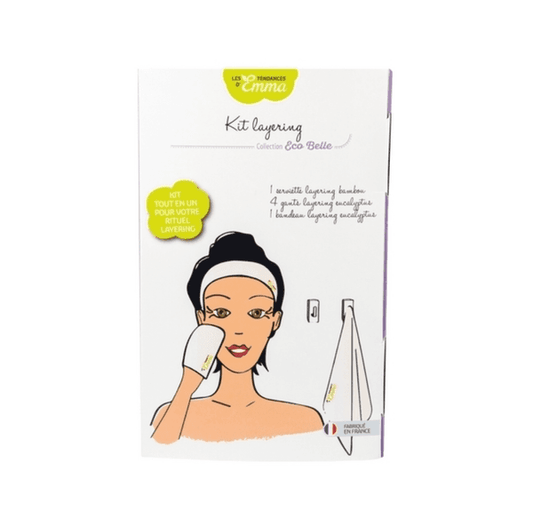 Kit soin visage zéro déchet pour soin visage, incluant accessoires pour peaux à imperfections, présenté dans un emballage illustré.