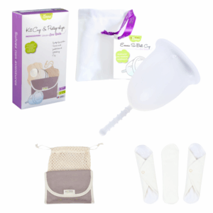 Coupe menstruelle Emma Si-Bell cup + protèges-slips lavables. Confort, silicone médical français, protection éco-responsable, économies, douceur.
