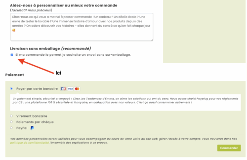 Case sur le site sans sur emballage montré avec une flèche rouge