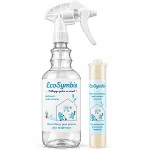 Kit démarrage ECO SYMBIO comprenant un vaporisateur transparent réutilisable et une capsule de nettoyant multi-surfaces concentré, présentés sur fond blanc.