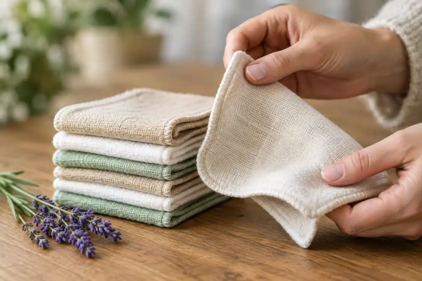 Des lingettes lavables en coton bio pliées sur une table en bois, une main en déplie une délicatement.