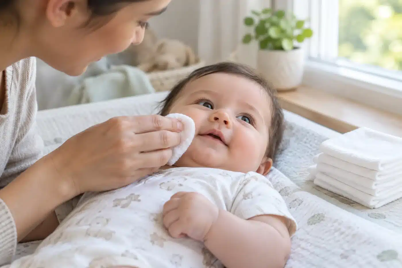 Une main essuie doucement la joue d’un bébé avec une lingette en coton, près de lingettes pliées.
