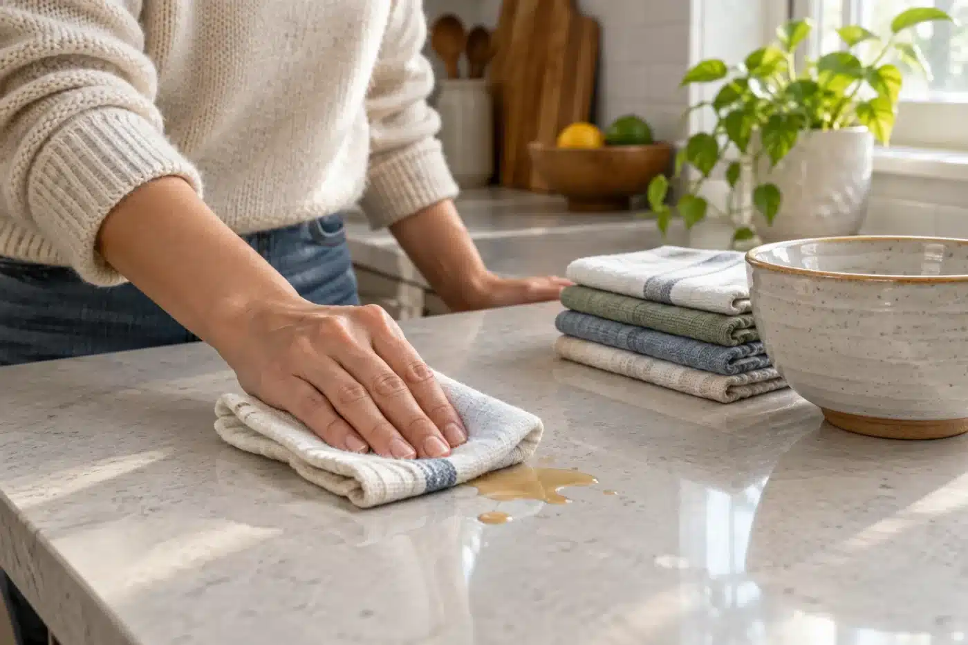 Un parent essuie une éclaboussure sur le plan de travail avec un carré de tissu, près d’une pile de linges pliés.